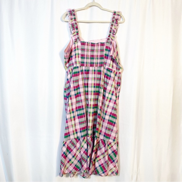Torrid Midi Poplin Tiered Ruffle Strap Dress Cotton Plaid Pink Green Size 3 - Picture 4 of 12